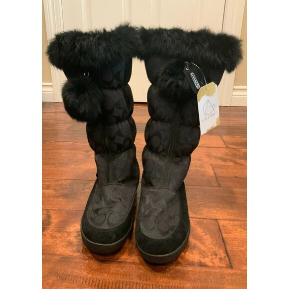 Coach Black Theona Knee High Winter Boots W/ Rabbit Fur Trim, Size 9 (US) - Picture 1 of 11